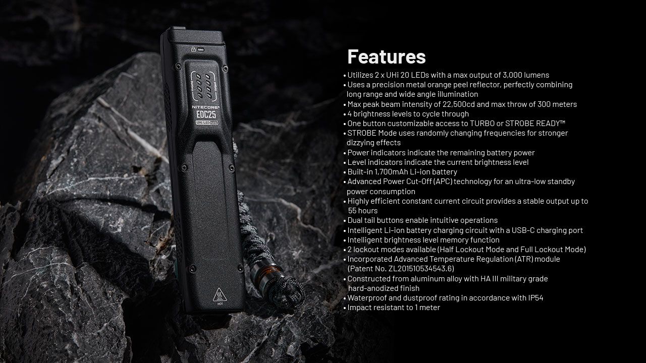 Nitecore EDC25 Lampe de poche compacte 3000 lumens USB-C polyvalente pour extérieur, lampe EDC haute luminosité
