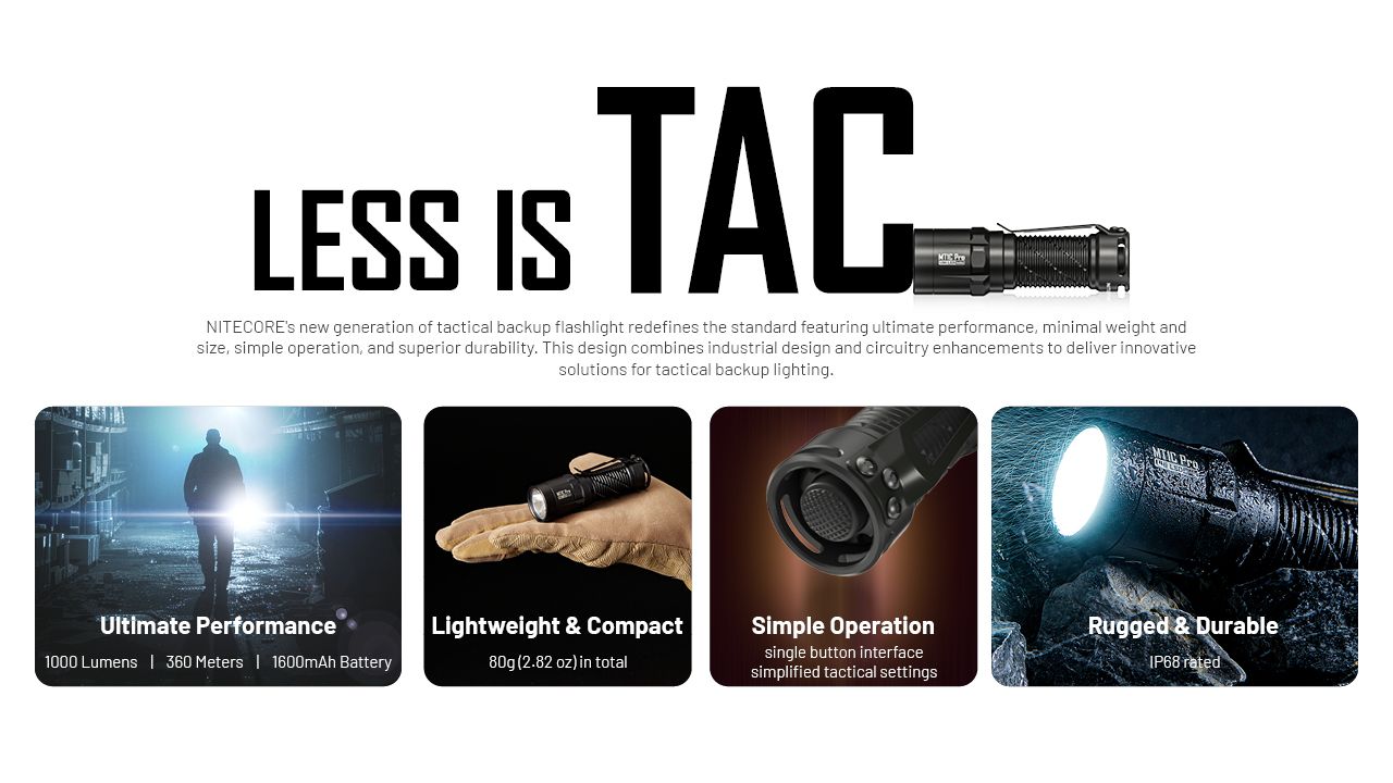 Nitecore MT1C Pro Lampe de poche EDC 1000 lumens, compacte et durable, pour la randonnée et les situations d'urgence, faisceau de 360 m