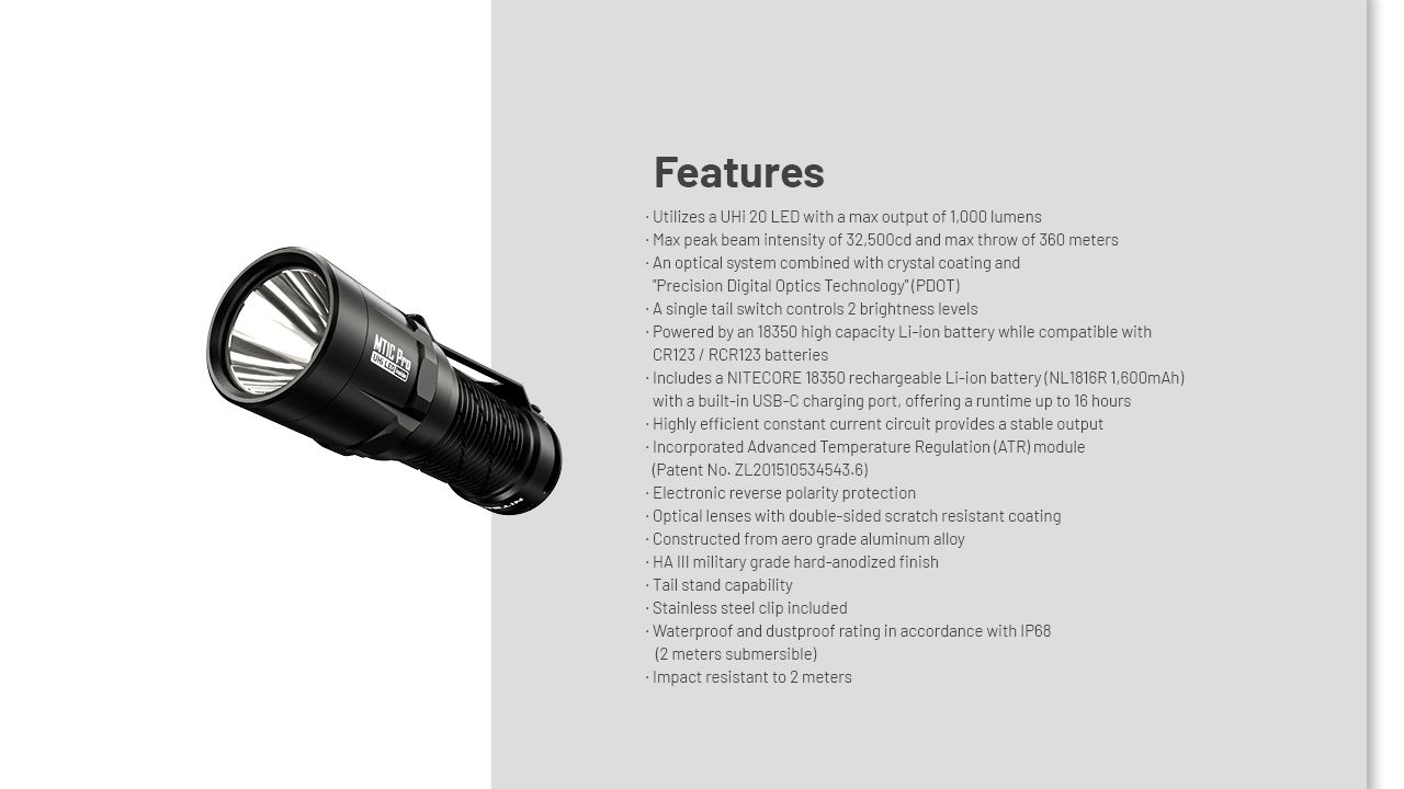 Nitecore MT1C Pro Lampe de poche EDC 1000 lumens, compacte et durable, pour la randonnée et les situations d'urgence, faisceau de 360 m