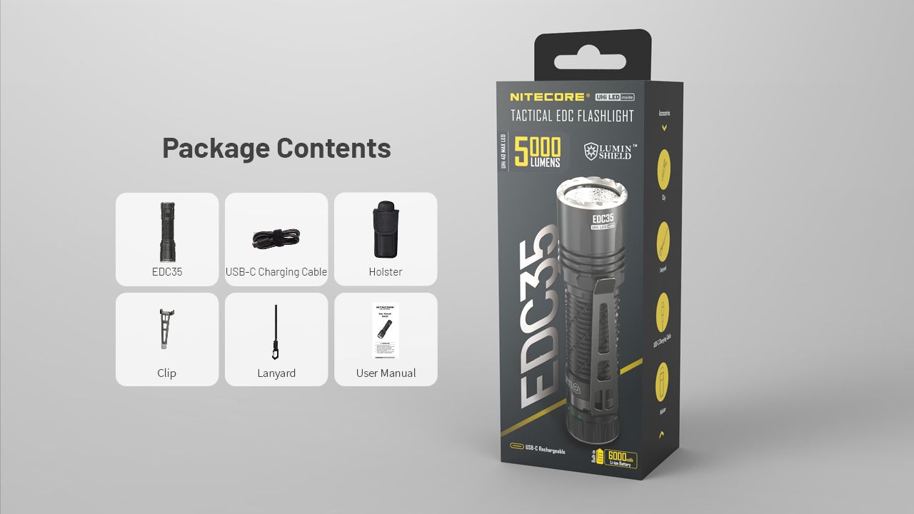 Lampe torche rechargeable LED Nitecore EDC35 5000 lumens, éclairage extérieur compact avec faisceau de 550 m, équipement de camping.
