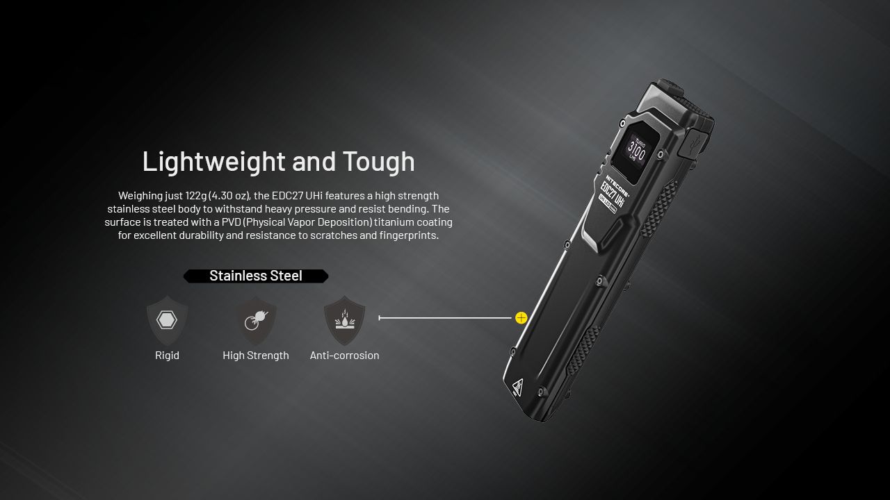 NITECORE EDC27 UHi 3100 Lumens Lampe de poche compacte rechargeable USB-C pour le camping, les urgences, l'utilisation en extérieur