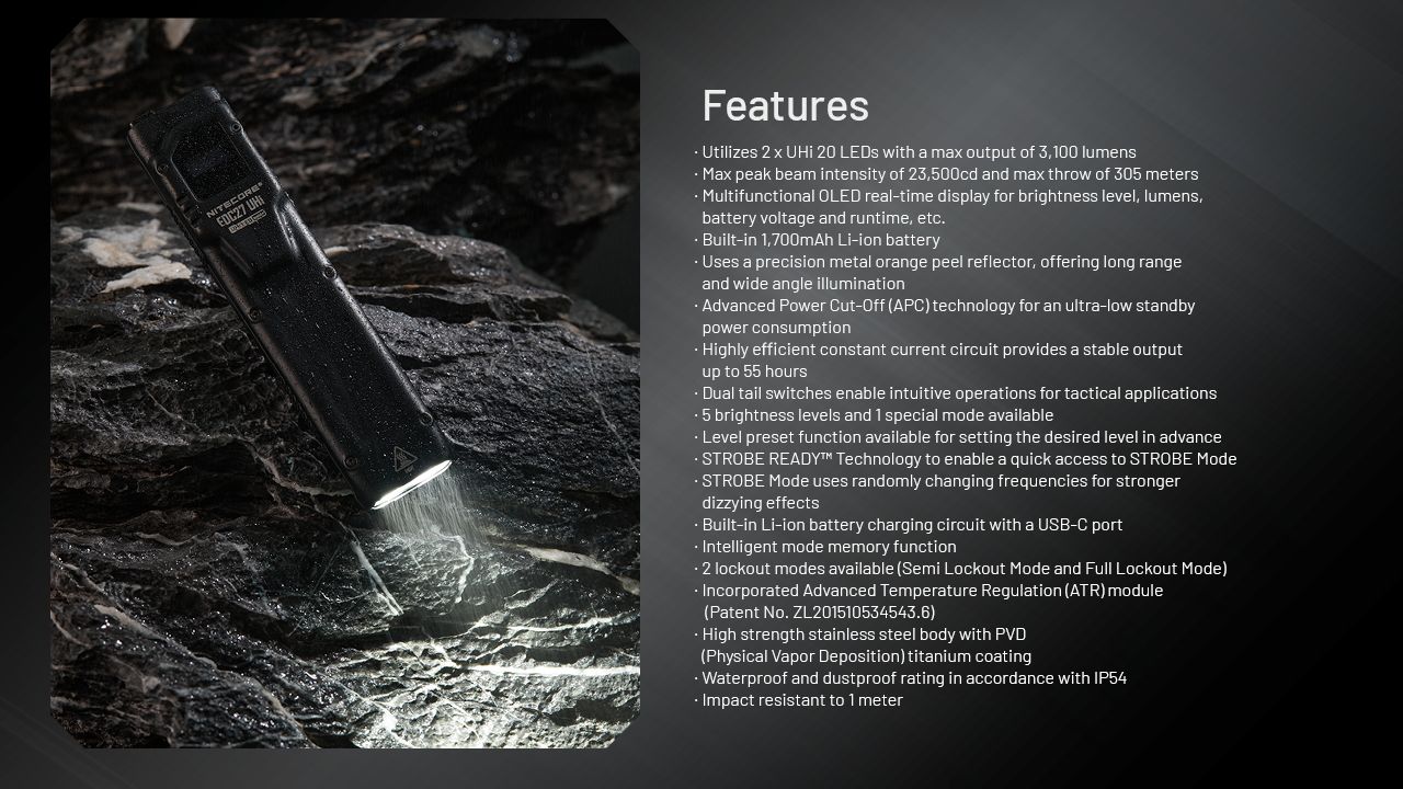 NITECORE EDC27 UHi 3100 Lumens Lampe de poche compacte rechargeable USB-C pour le camping, les urgences, l'utilisation en extérieur