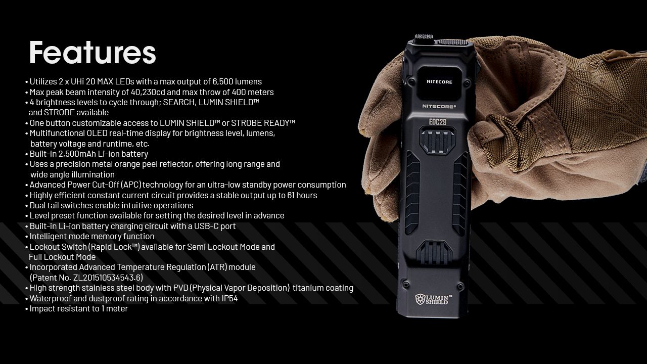 NITECORE EDC29 6500 Lumens Lampe Torche Rechargeable USB-C Visibilité Longue Portée Port Quotidien Aventure