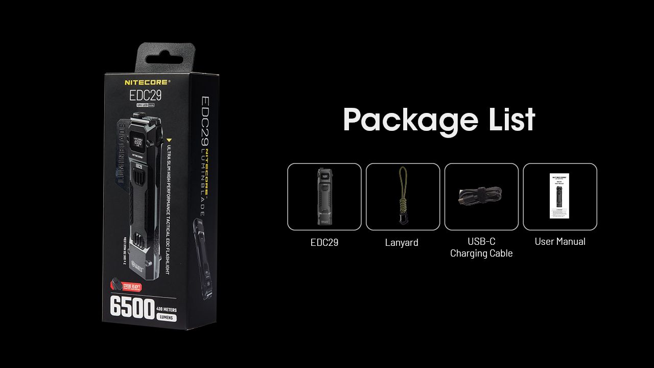 NITECORE EDC29 6500 Lumens Lampe Torche Rechargeable USB-C Visibilité Longue Portée Port Quotidien Aventure