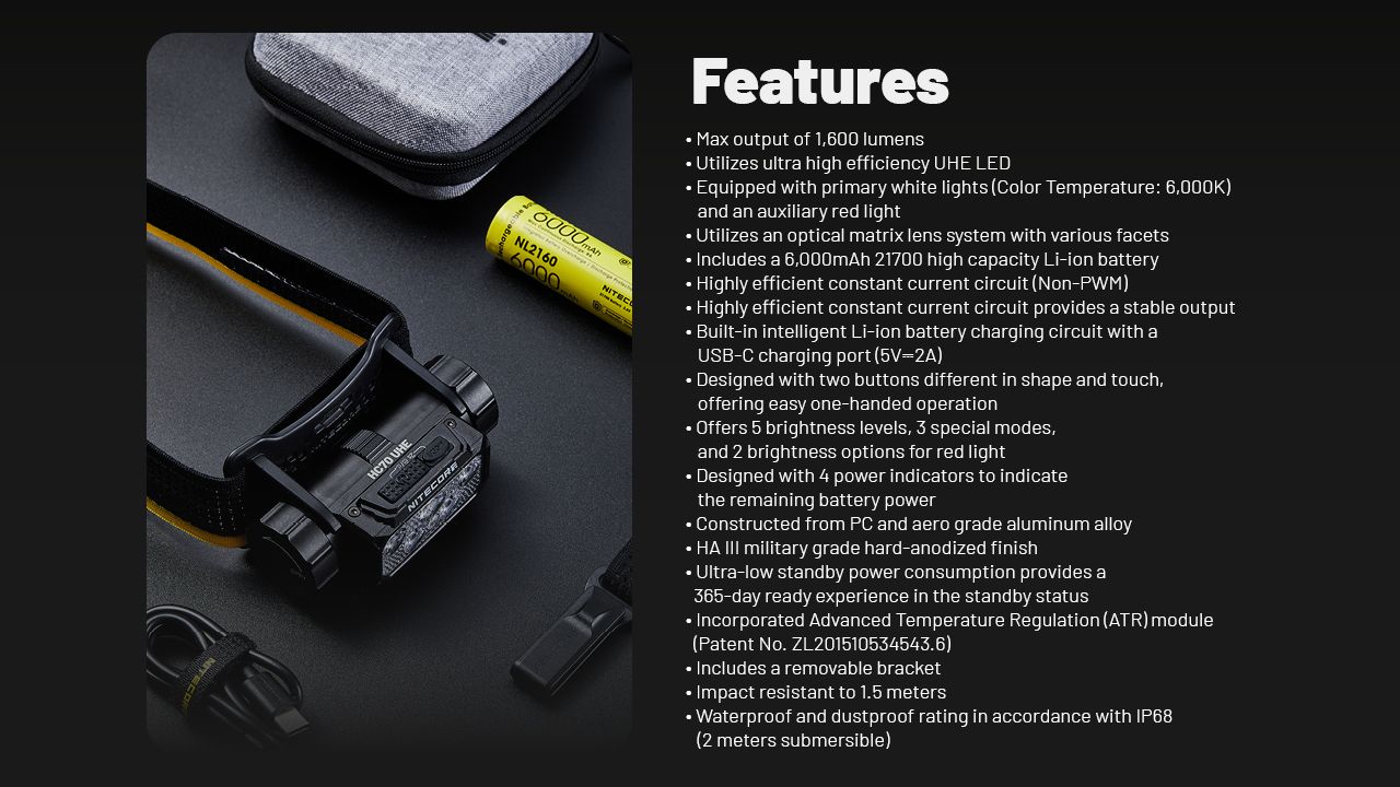 NITECORE HC70 UHE USB-C Lampe frontale de travail rechargeable 1600 lumens, construction robuste pour aventures en extérieur et chantiers
