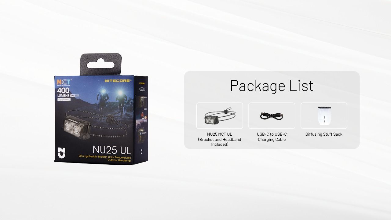NITECORE NU25 MCT UL Lampe frontale 400 lumens, légère, rechargeable USB-C pour la randonnée, le camping et les urgences