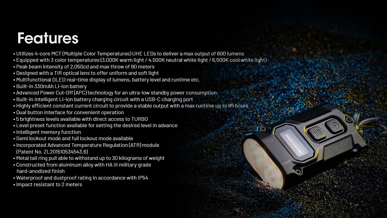Lampe de poche porte-clés NITECORE TINI3 600 lumens, lampe EDC mini avec batterie rechargeable, design ultra-compact