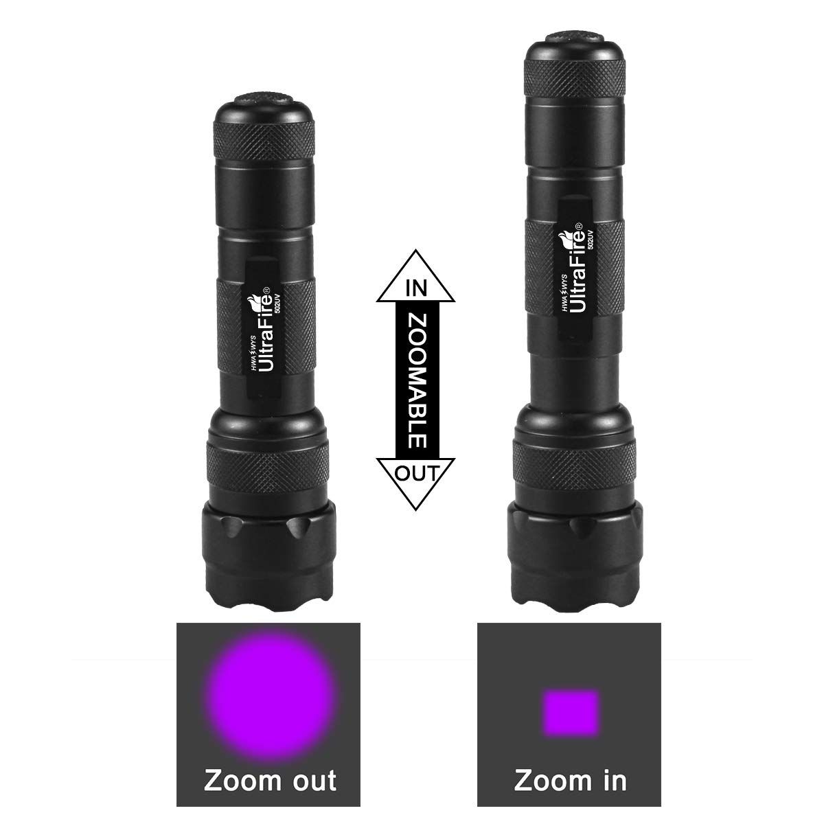 UltraFire WF-502B.2 Lampe de poche UV LED 395nm pour détection de taches d'animaux, inspection DIY, sortie UV puissante, durable