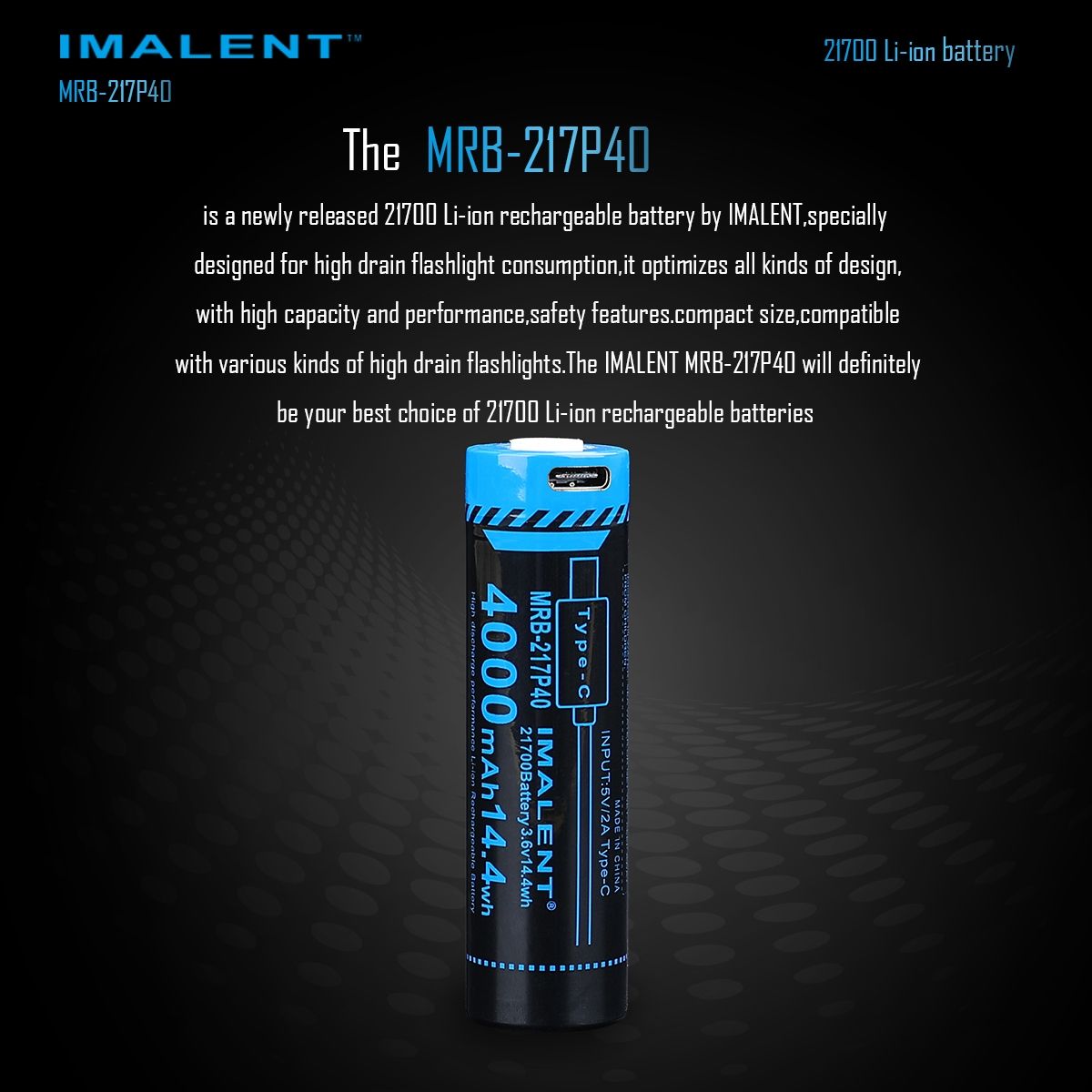 IMALENT MRB-217P40 Batterie 21700 4000mAh Type-C Rechargeable Haute Capacité pour Lampes de poche et Gadgets