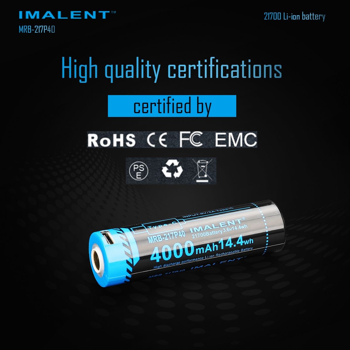 IMALENT MRB-217P40 Batterie 21700 4000mAh Type-C Rechargeable Haute Capacité pour Lampes de poche et Gadgets