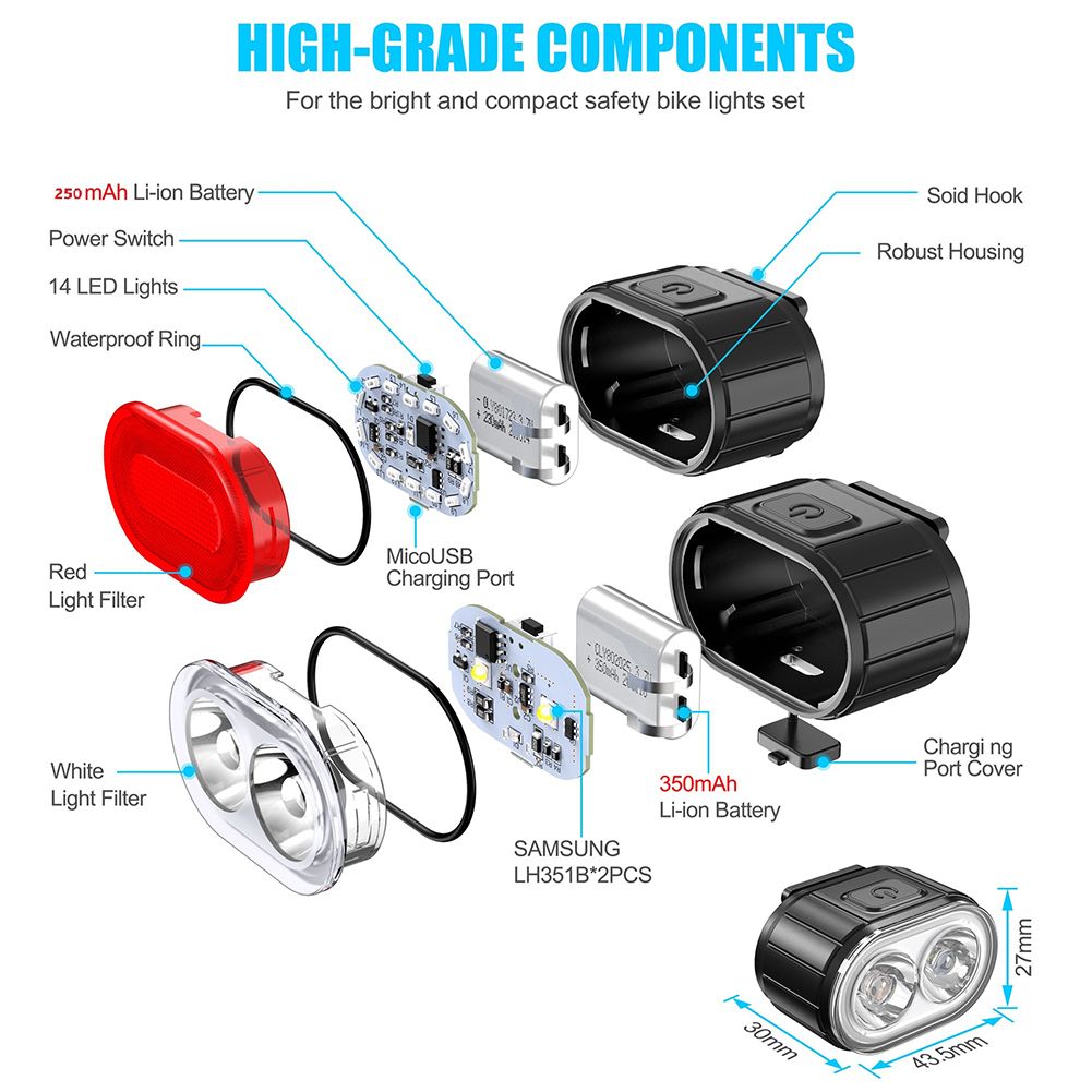Ensemble de feux de vélo rechargeables par USB, imperméables, LED, pour une visibilité en cyclisme urbain, légers - Feu avant et feu arrière rouge