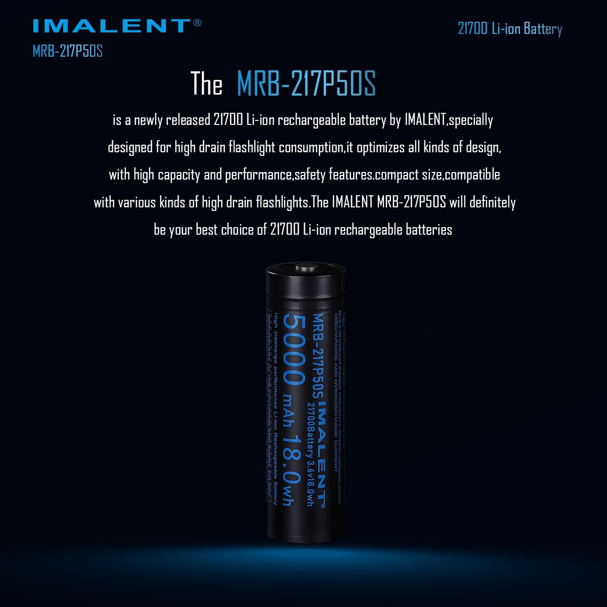 IMALENT MRB-217P50S: Batterie 21700 rechargeable Li-ion 5000mAh 3.6V pour longue autonomie