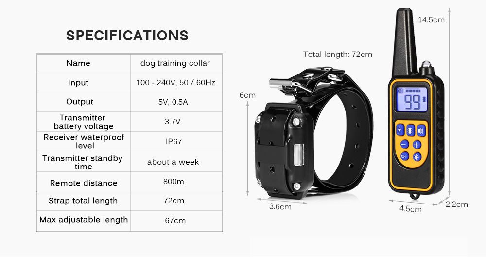 Collier d'entraînement pour chien 800m étanche avec écran LCD rechargeable niveaux de vibration réglables