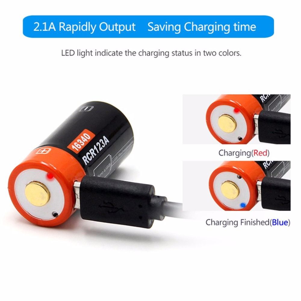 16340 650mAh 3.7V Batterie Li-ion rechargeable micro USB écologique et durable pour lampes de poche et équipements