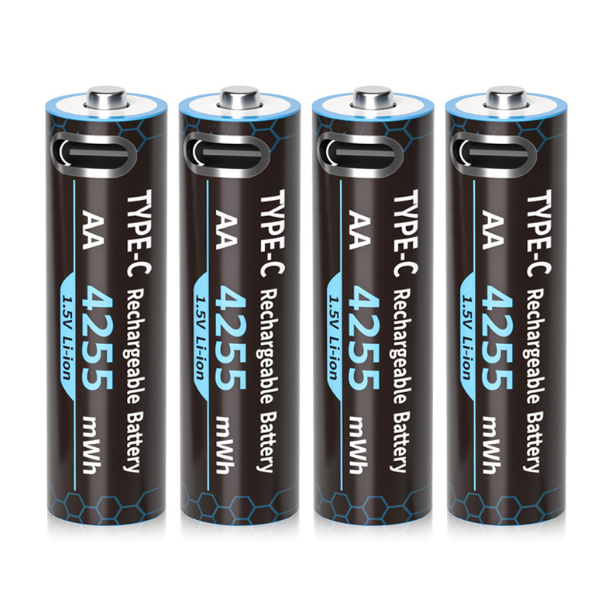 Piles AA Lithium Rechargeables 1.5V 4255mWh USB-C. Lot de 4 haute capacité pour jouets, charge 2h, tension constante.