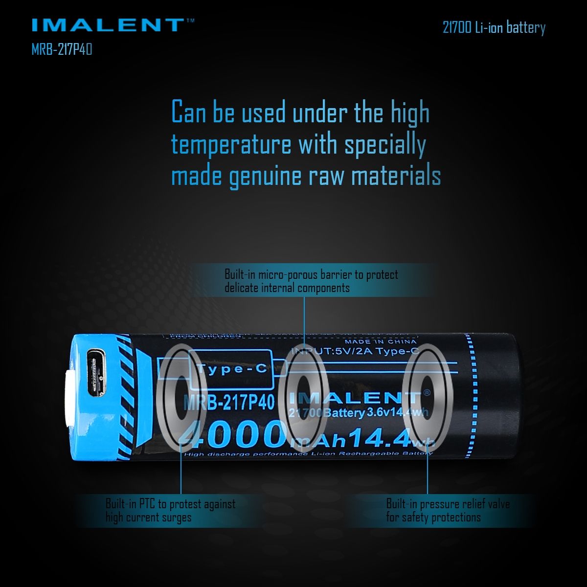 IMALENT MRB-217P40 Batterie 21700 4000mAh Type-C Rechargeable Haute Capacité pour Lampes de poche et Gadgets