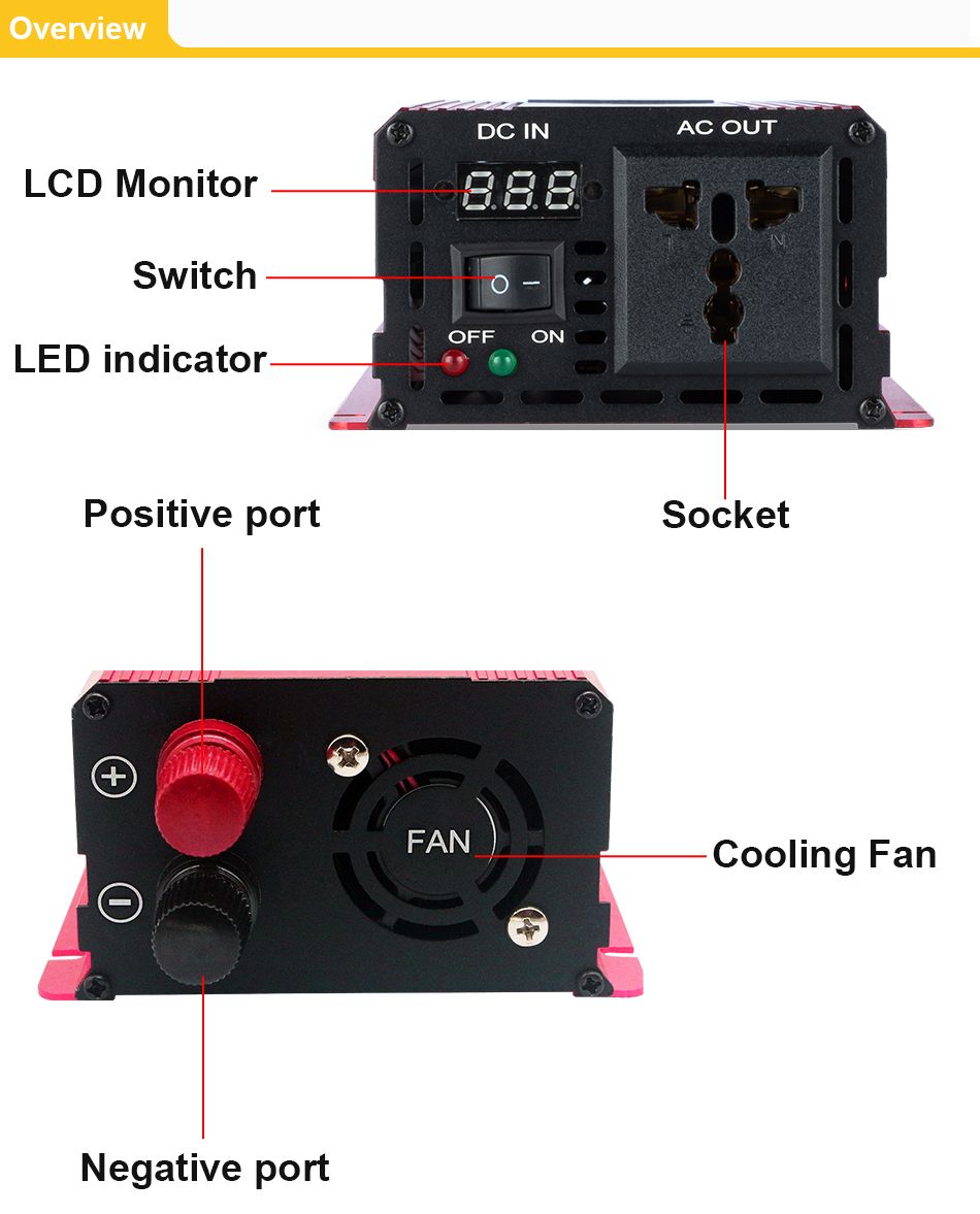 Onduleur à onde sinusoïdale pure 3000W 2200W 1600W 1000W Conception durable en aluminium-magnésium Haute efficacité Alimentation pour camping