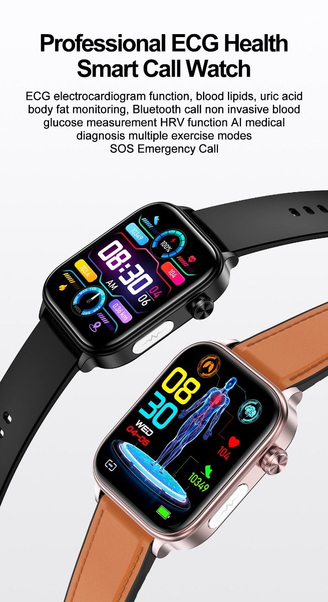 ET570 Glycémie Montre Connectée ECG Fréquence Cardiaque Tension Artérielle Smartwatch