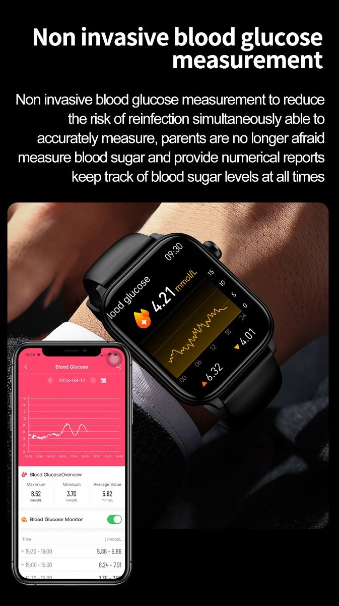 ET570 Glycémie Montre Connectée ECG Fréquence Cardiaque Tension Artérielle Smartwatch