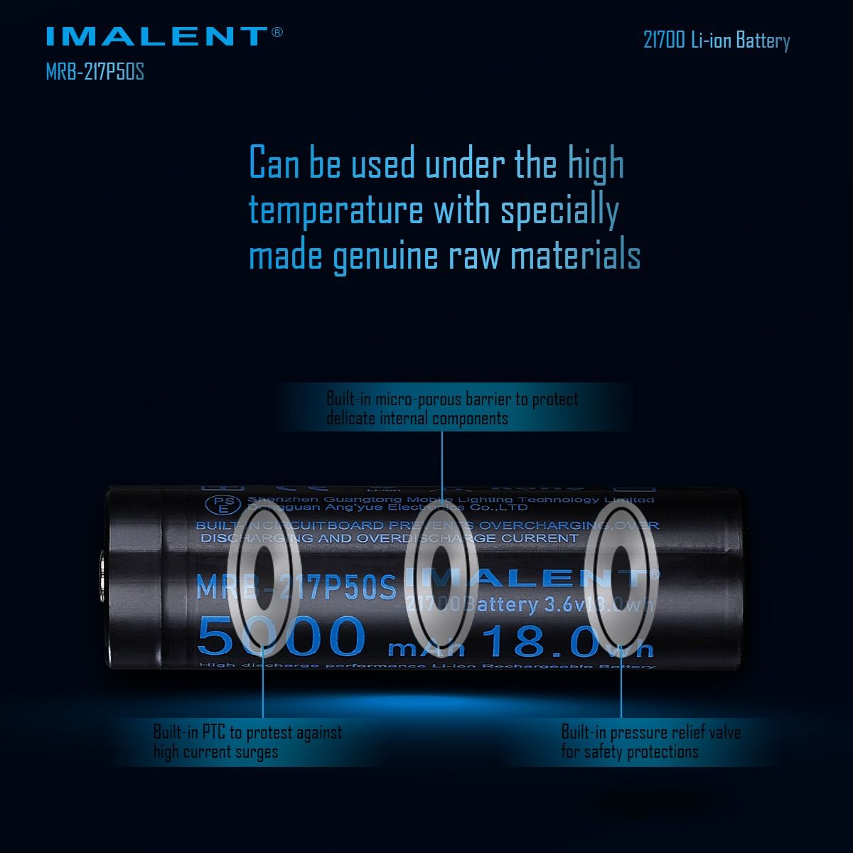 IMALENT MRB-217P50S: Batterie 21700 rechargeable Li-ion 5000mAh 3.6V pour longue autonomie