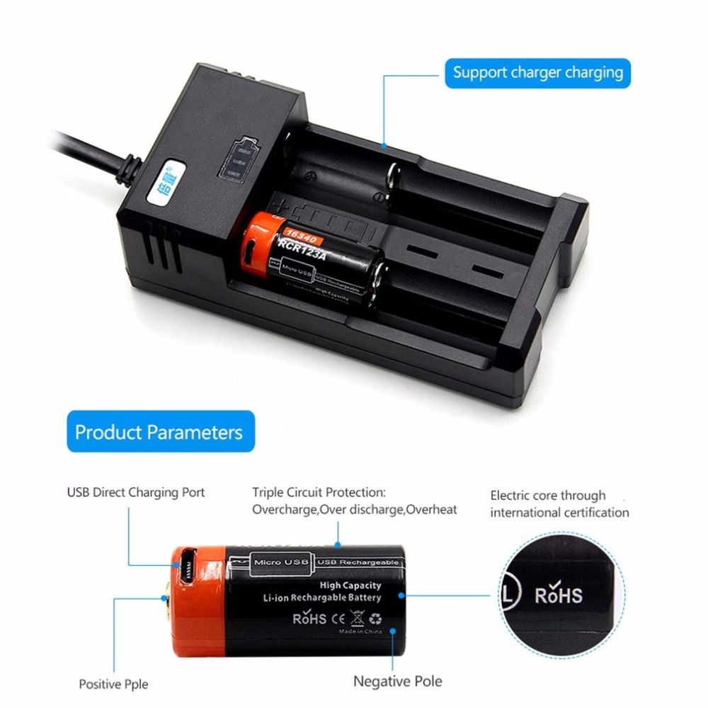 16340 650mAh 3.7V Batterie Li-ion rechargeable micro USB écologique et durable pour lampes de poche et équipements