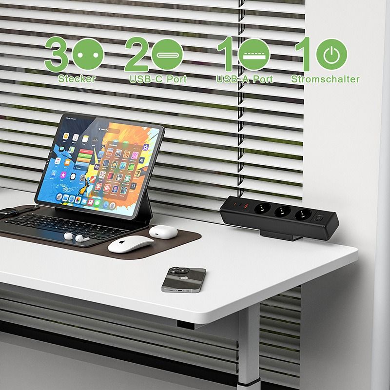 Barrette d'alimentation avec pince de bureau, station de charge rapide totale 18/65W USB charge rapide prise standard européenne, interrupteur de protection contre les surcharges, prise de bureau, alimentation UE pour mobilier de bureau