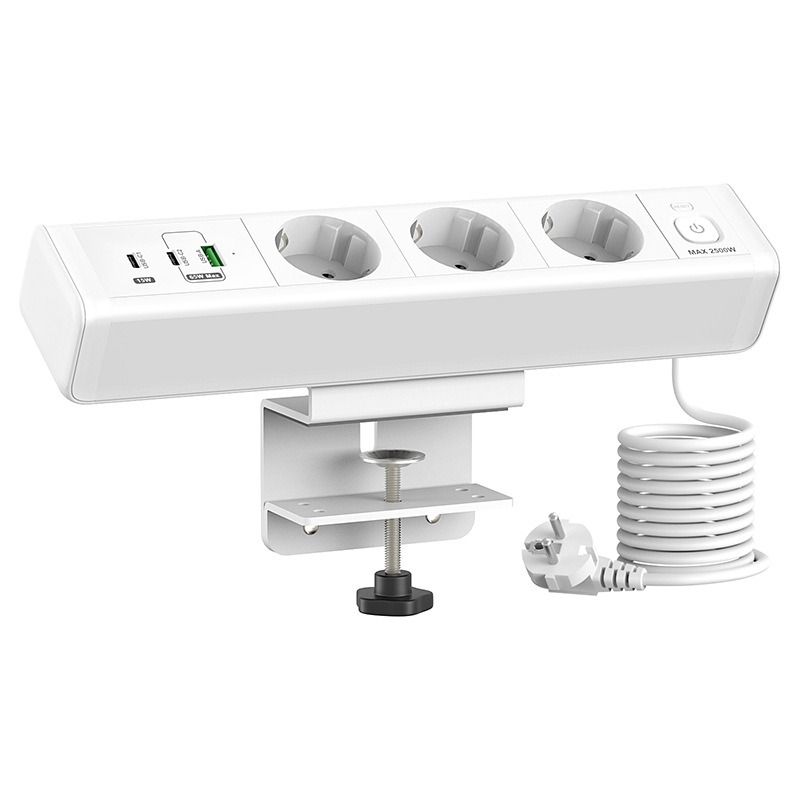 Barrette d'alimentation avec pince de bureau, station de charge rapide totale 18/65W USB charge rapide prise standard européenne, interrupteur de protection contre les surcharges, prise de bureau, alimentation UE pour mobilier de bureau