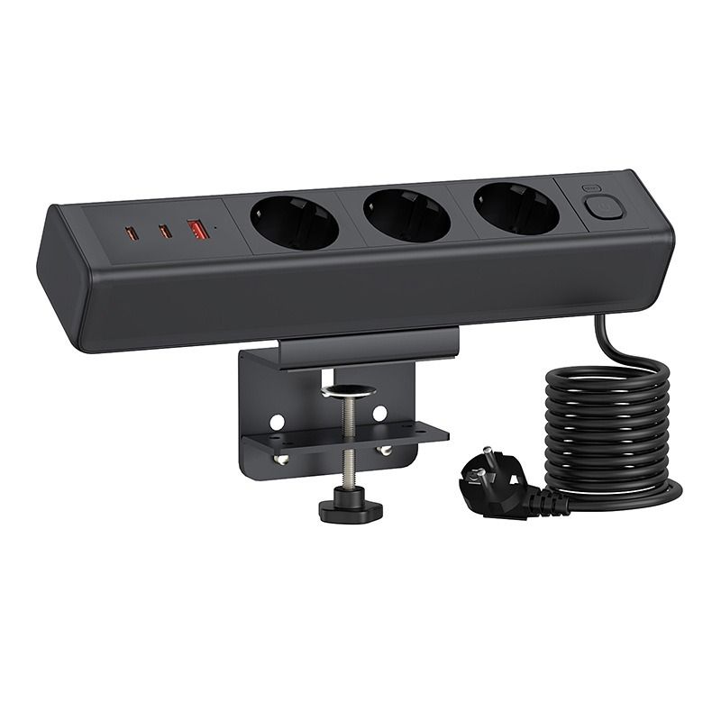 Barrette d'alimentation avec pince de bureau, station de charge rapide totale 18/65W USB charge rapide prise standard européenne, interrupteur de protection contre les surcharges, prise de bureau, alimentation UE pour mobilier de bureau