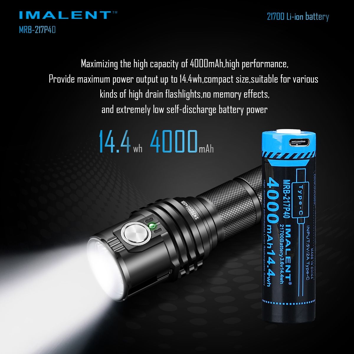 IMALENT MRB-217P40 Batterie 21700 4000mAh Type-C Rechargeable Haute Capacité pour Lampes de poche et Gadgets