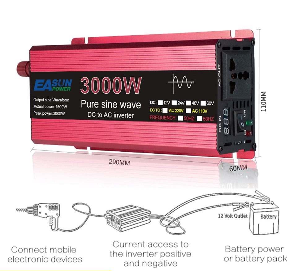Onduleur à onde sinusoïdale pure 3000W 2200W 1600W 1000W Conception durable en aluminium-magnésium Haute efficacité Alimentation pour camping