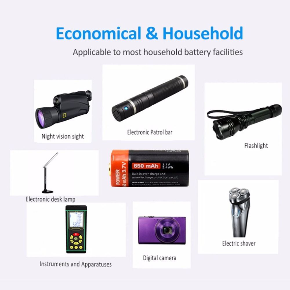 16340 650mAh 3.7V Batterie Li-ion rechargeable micro USB écologique et durable pour lampes de poche et équipements