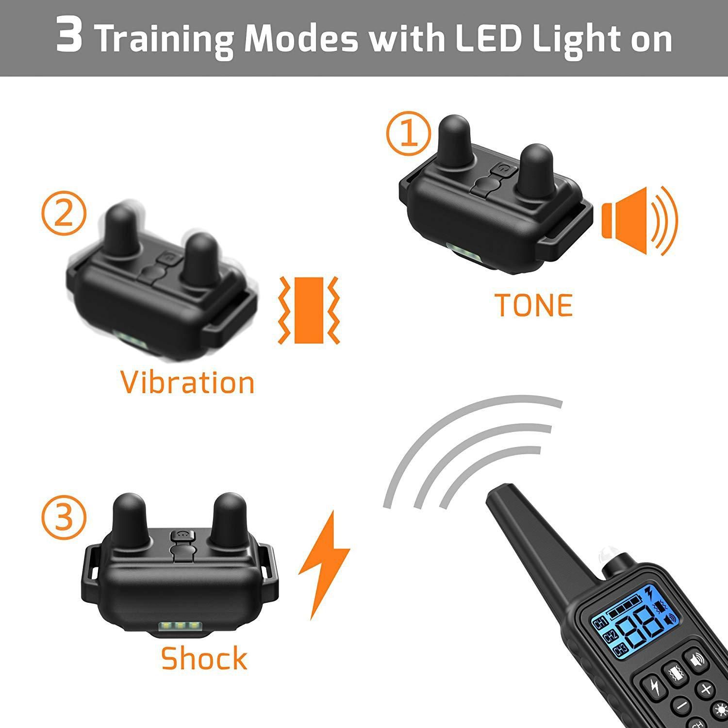 Collier de dressage pour chien électrique 800m étanche rechargeable avec niveaux de choc réglables et écran LCD