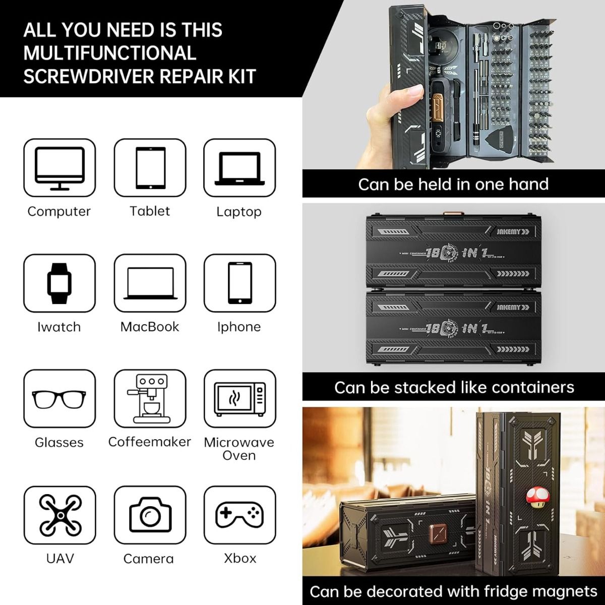 Kit de tournevis de précision avec 21 types de 160 embouts magnétiques, Kit de réparation de tournevis professionnel multi-embouts JAKEMY pour ordinateur portable pour la plupart des appareils électroniques, montre, Xbox, console, lunettes, sonnette
