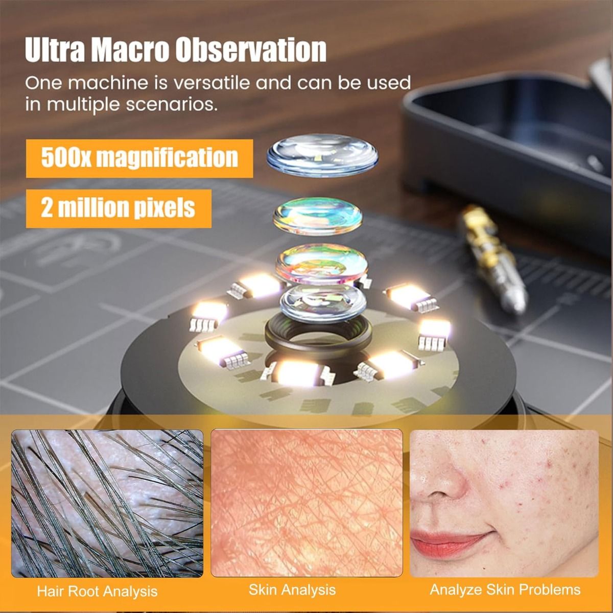 Grossissement 500X Microscope numérique 2MP Loupe Réparation électronique Vidéo Pièces de monnaie Microscopio Portatif Dermatoscope Machine d'analyse de la peau
