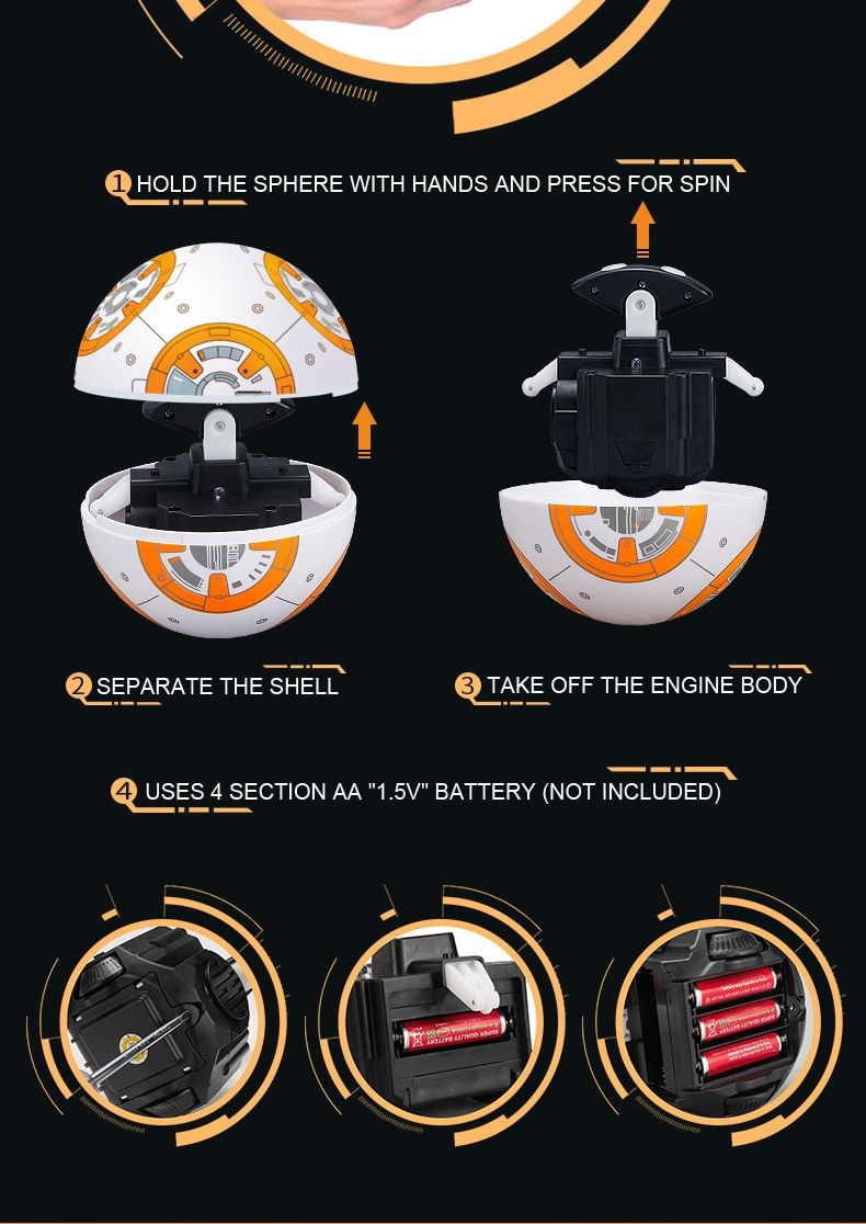 Robot télécommandé Star Wars BB-8 20,5 cm Jouet RC intelligent avec rotation à 360° pour enfants et collection