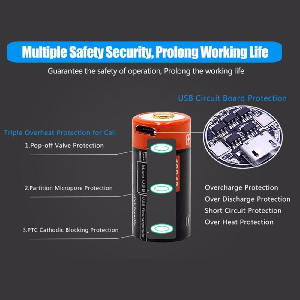16340 650mAh 3.7V Batterie Li-ion rechargeable micro USB écologique et durable pour lampes de poche et équipements