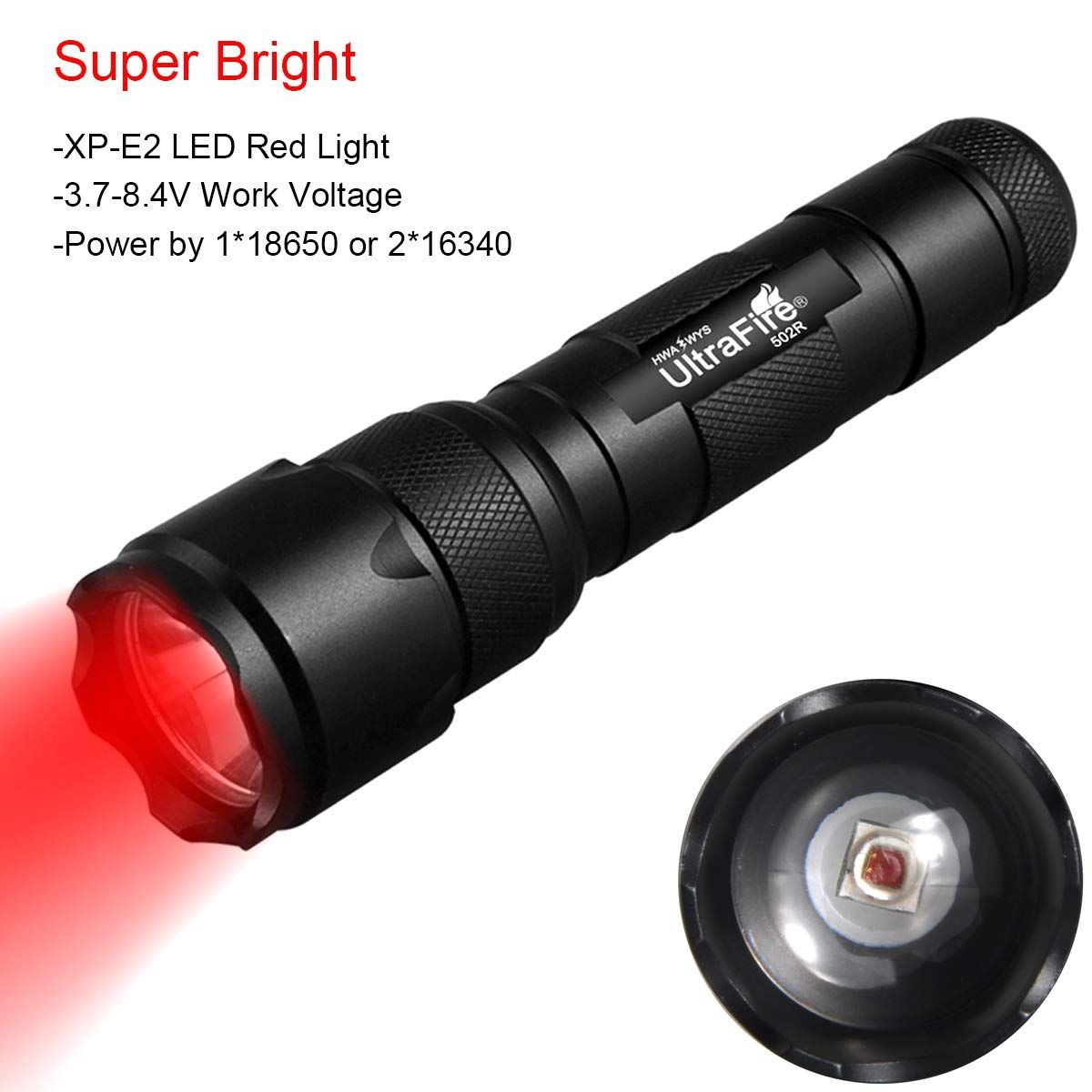 UltraFire WF-502B.2 XP-E2 LED Rouge Lumière Zoomable Lampe Torche Compacte Extérieure pour la Randonnée Nocturne et la Faune Sauvage