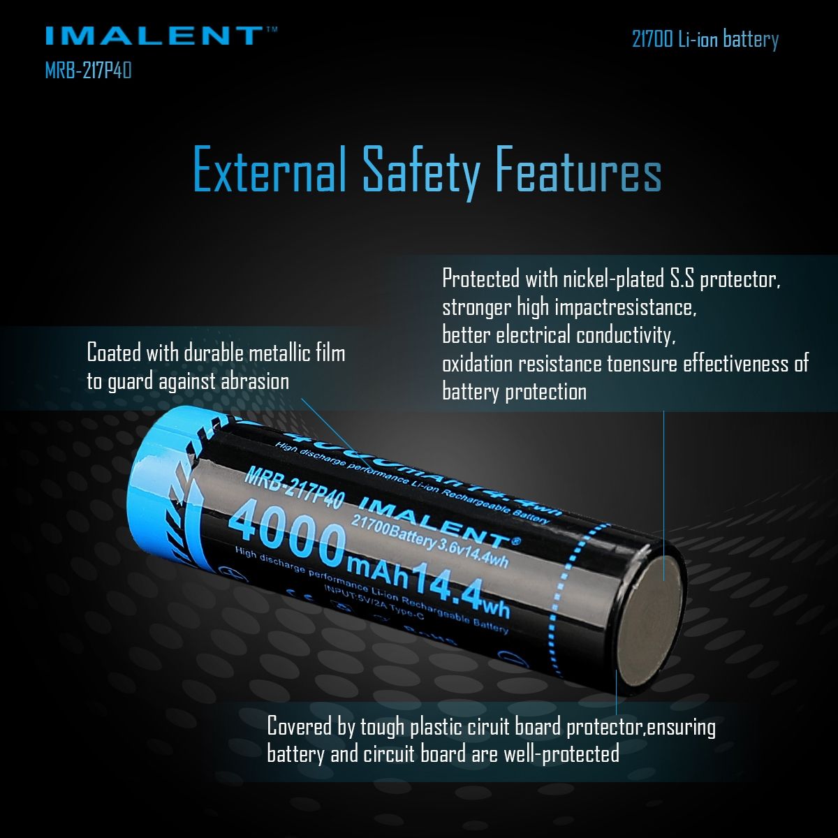 IMALENT MRB-217P40 Batterie 21700 4000mAh Type-C Rechargeable Haute Capacité pour Lampes de poche et Gadgets