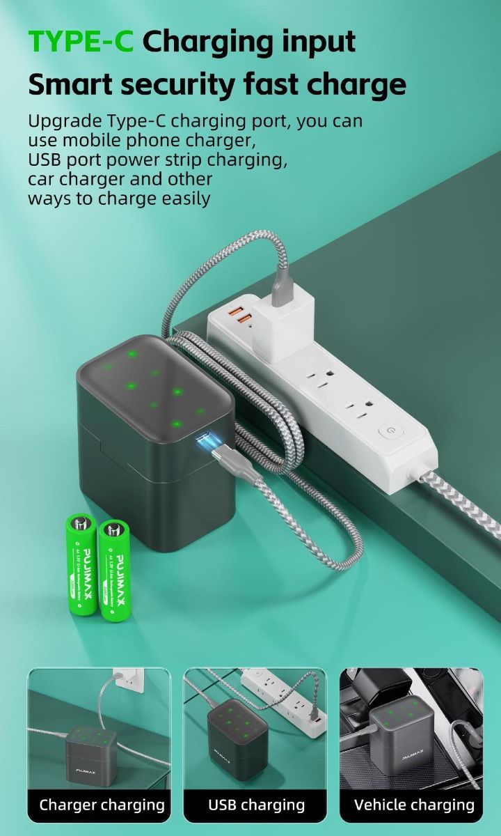 Chargeur à 8 emplacements avec port Type-C pour batteries lithium AA 3400mWh solution de charge efficace