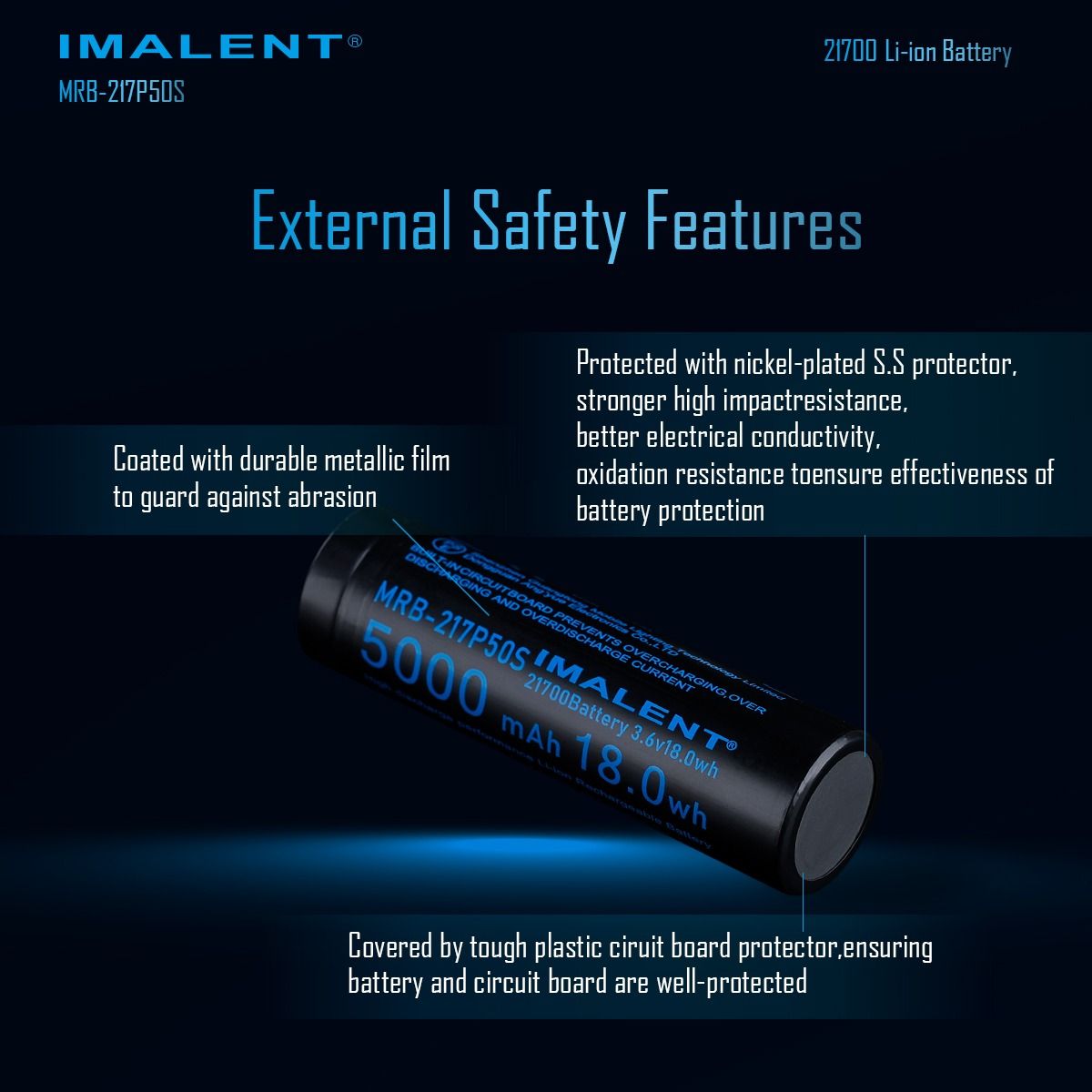 IMALENT MRB-217P50S: Batterie 21700 rechargeable Li-ion 5000mAh 3.6V pour longue autonomie
