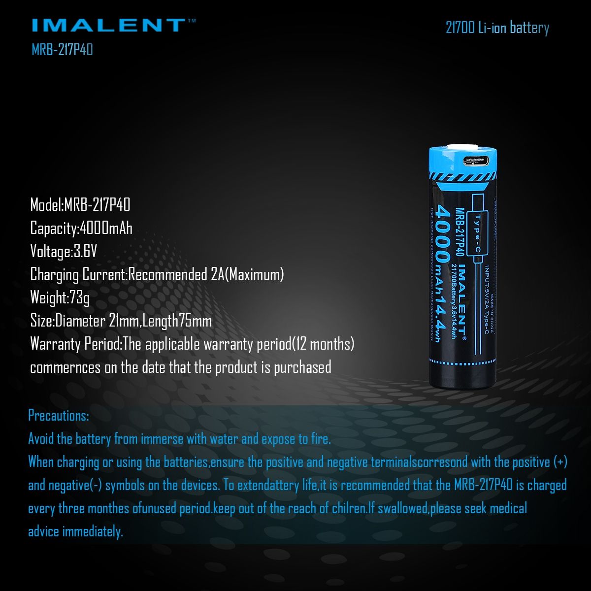 IMALENT MRB-217P40 Batterie 21700 4000mAh Type-C Rechargeable Haute Capacité pour Lampes de poche et Gadgets