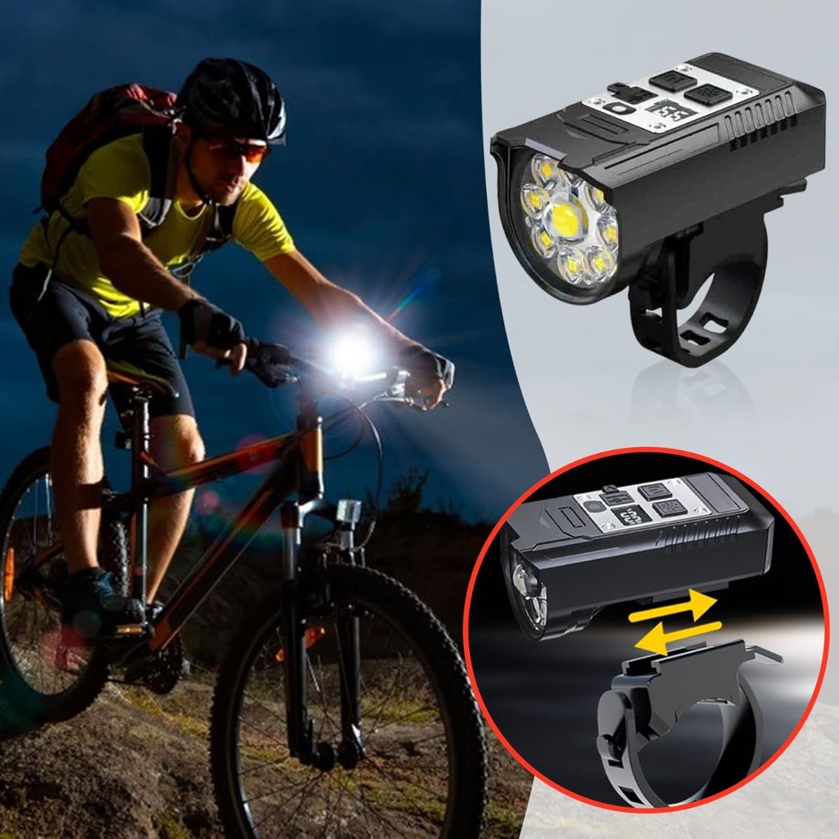 Phare de vélo 9 LED Rechargeable Type-C et Étanche, Puissant pour Sécurité Vélo la Nuit.