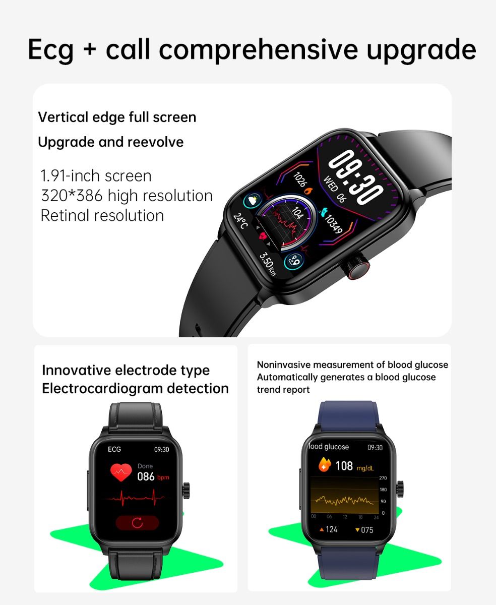 ET540 Glycémie ECG Température corporelle Tension artérielle Oxygène dans le sang Fréquence cardiaque Appel Bluetooth Smartwatch Fitness Tracker