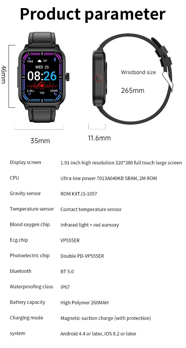 ET540 Glycémie ECG Température corporelle Tension artérielle Oxygène dans le sang Fréquence cardiaque Appel Bluetooth Smartwatch Fitness Tracker