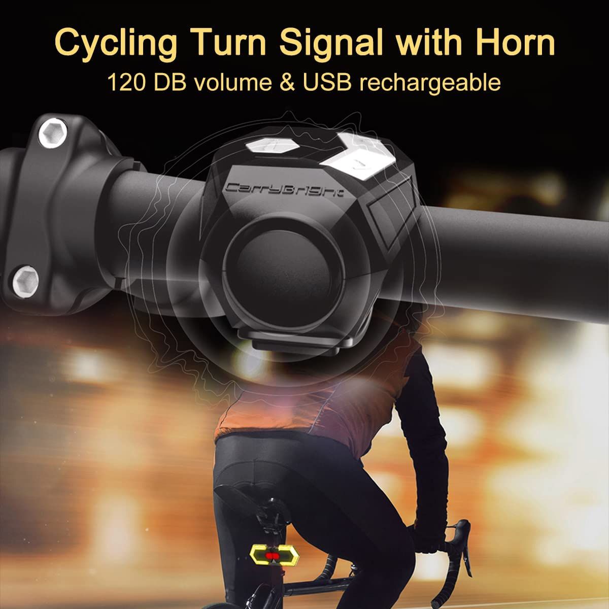 CarryBright CBX4 Feu de signalisation pour vélo avec klaxon, recharge USB, étanche, accessoire de sécurité cycliste