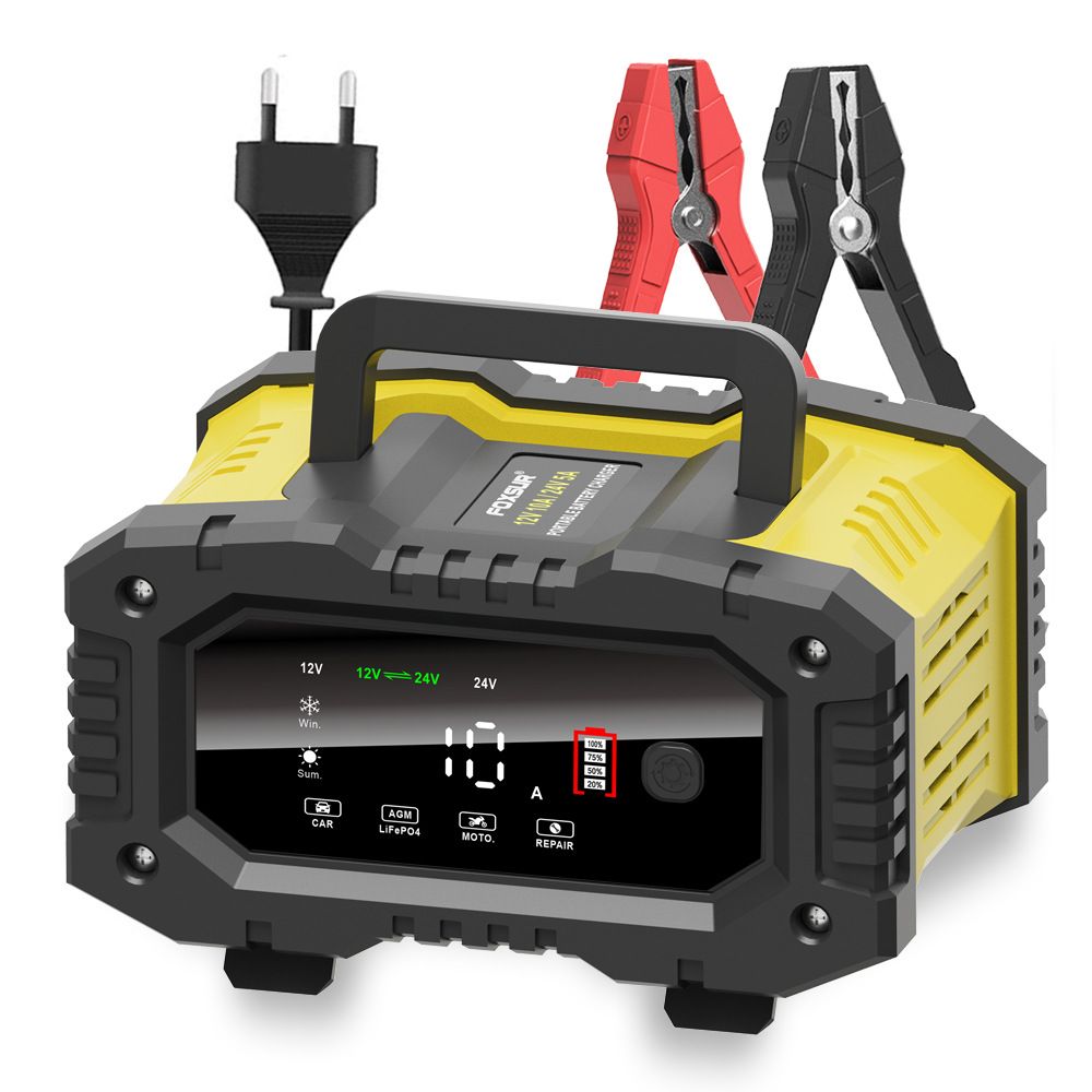 FOXSUR Chargeur de batterie de voiture portable 12V 24V Chargeur polyvalent pour AGM LiFePO4 acide de plomb moto camion