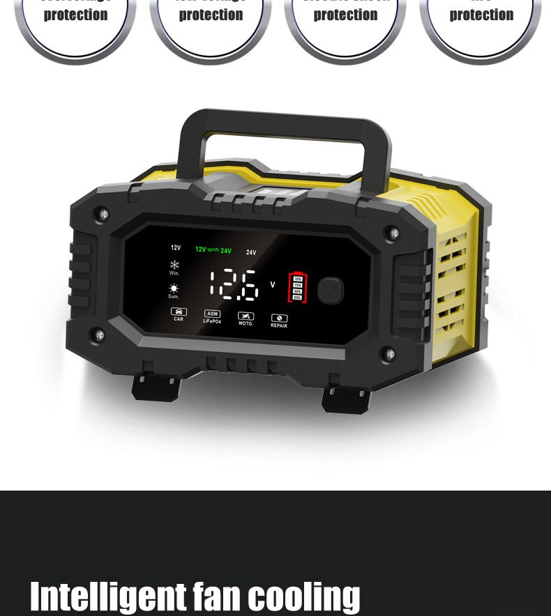 FOXSUR Chargeur de batterie de voiture portable 12V 24V Chargeur polyvalent pour AGM LiFePO4 acide de plomb moto camion