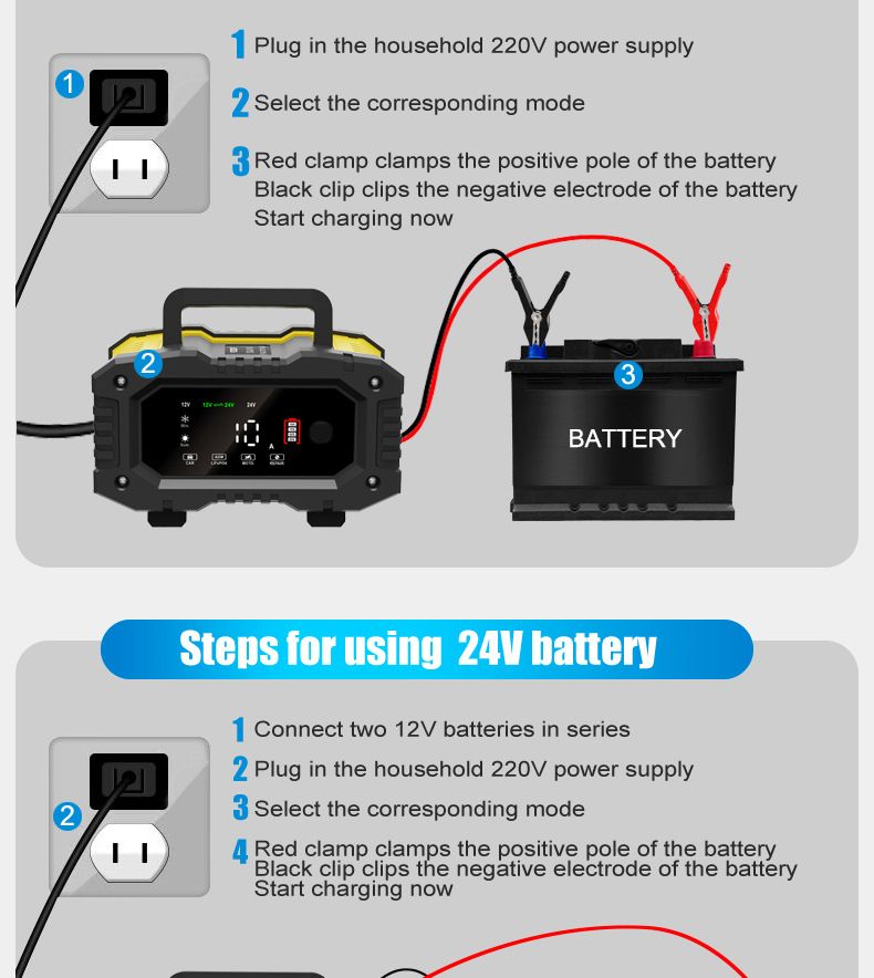 FOXSUR Chargeur de batterie de voiture portable 12V 24V Chargeur polyvalent pour AGM LiFePO4 acide de plomb moto camion