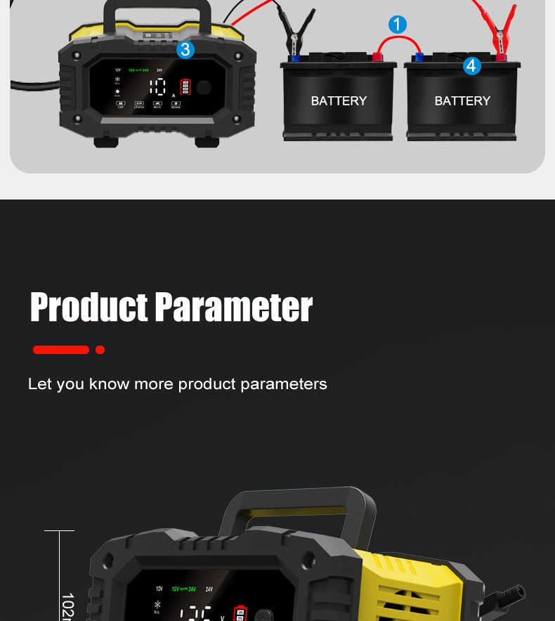 FOXSUR Chargeur de batterie de voiture portable 12V 24V Chargeur polyvalent pour AGM LiFePO4 acide de plomb moto camion