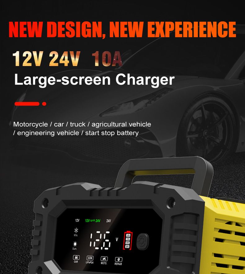FOXSUR Chargeur de batterie de voiture portable 12V 24V Chargeur polyvalent pour AGM LiFePO4 acide de plomb moto camion